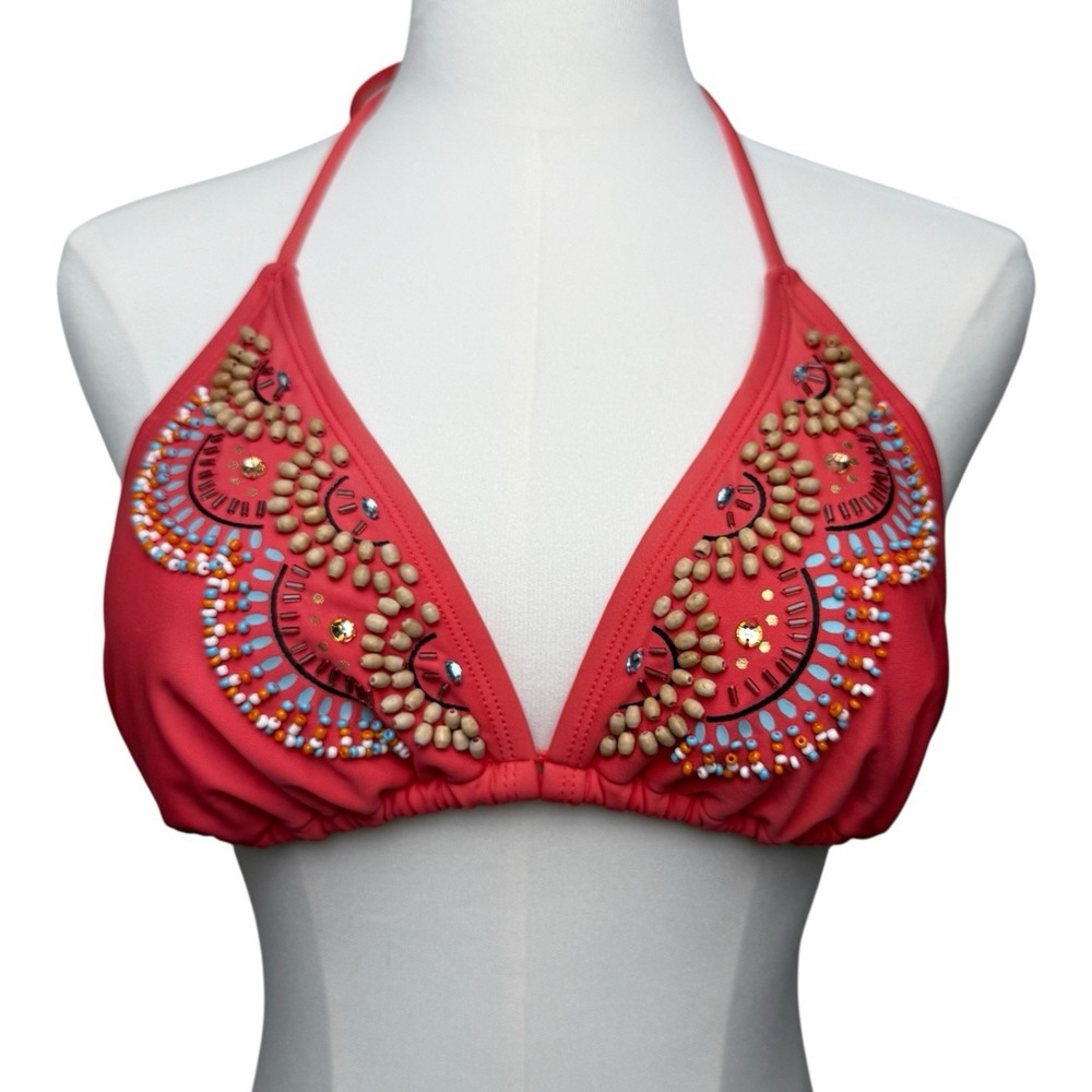 Embellished Bikini Top Womens M Y2K Beaded Gems Sequins‎ Boho Festival Swimwear